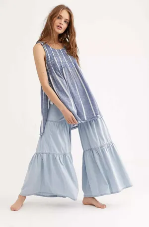 Free People Obi Posey Smocked Tank Top Striped Boho Hippie M Blue White Fringe thumbnail 1