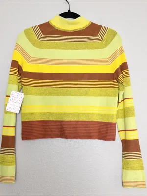NWT Free People Rip Tide Zip Mockneck Top M Green Stripe Cropped Knit Sweater thumbnail 7