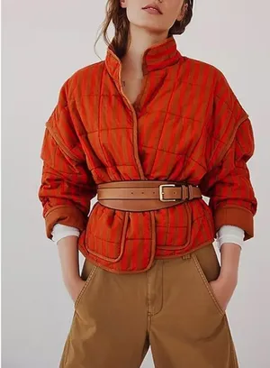 Amazon Women's Loose Retro Striped Quilted Jacket Stand Collar Cropped Puffer Outerwear Vintage Coat with Contrast thumbnail 4