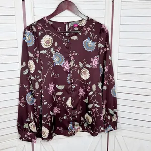 Vince Camuto Floral‎ Puff Sleeve Button Front Blouse Brown Pink Small Wildflower thumbnail 7