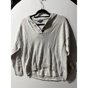 American‎ Eagle Knit Hooded Pullover Sweater Light Gray Button Neck Size L thumbnail 2