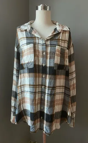 Pilcro Plaid Button-Down Shirt in Brown, Black & White thumbnail 1