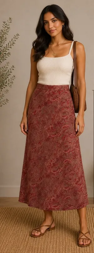 Josephine Chaus Bohemian Red‎ Paisley 100% Silk Maxi Skirt Sz 4 Vintage Style thumbnail 1