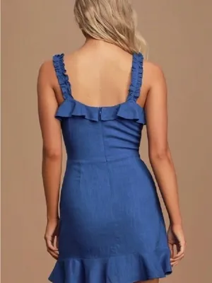 Lulus Days Like This Royal Blue Sleeveless Ruffled Linen Blend Mini Dress Sz XS thumbnail 3