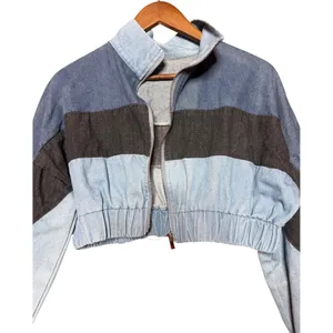 Unbranded Women NA Colorblock Denim Cropped Bomber Jacket Blue Black‎ Mock Neck thumbnail 7
