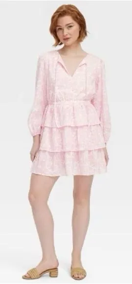 Roller Rabbit Women's Long Sleeve Sketched Floral Mini A-Line Dress in Pink thumbnail 1