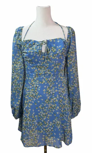 New ASTR the Label Blue Yellow Floral Long Sleeve Sweetheart Dress Size Medium thumbnail 1