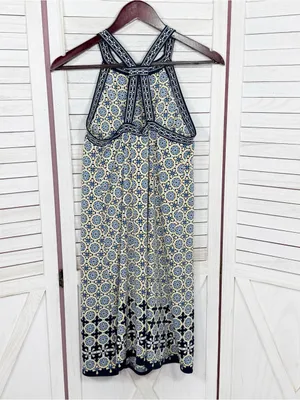 Max Studio‎ Geometric Medallion Print Halter Shift Dress Yellow Blue Medium thumbnail 8