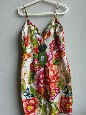 NWT Farm Rio Anthropologie Vintage Floral Deep V Mini Dress Size Medium Vacay thumbnail 3