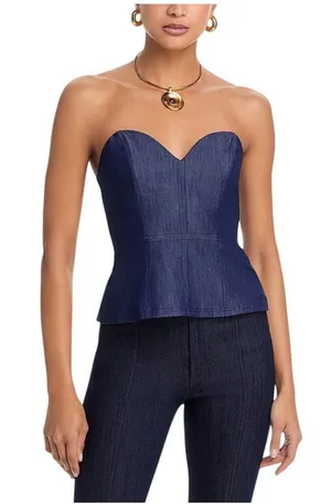 NWT Aqua Womens Bandeau Denim Bustier Top IBO26714 Dark Indigo Blue L thumbnail 1