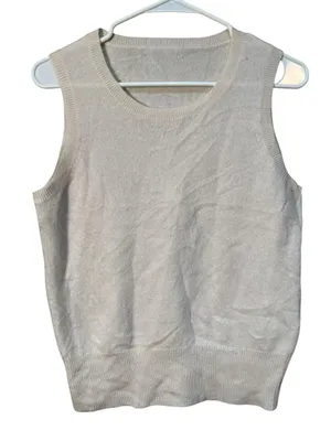 Women's Sleeveless Sweater Scoop Neck Cream White Banded Hem Semi-Sheer Very Sof thumbnail 1