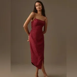 By Anthropologie Asymmetrical Slip Midi Dress Maroon Floral Printed Size 12 thumbnail 4