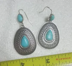 Vintage Boho Silver Turquoise Gemstone Drop Dangle Hooks Earrings Blue thumbnail 4