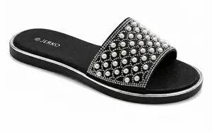 JERKO Faux Pearl & Rhinestone Black Slide Sandals - Size thumbnail 1