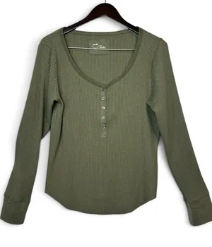Aerie Essential Henley Layering Long Sleeve Ribbed Cotton Blend T-Shirt Size XL thumbnail 1