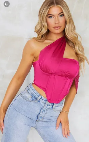 Hot Pink Textured Satin Draped One Shoulder Corset thumbnail 1