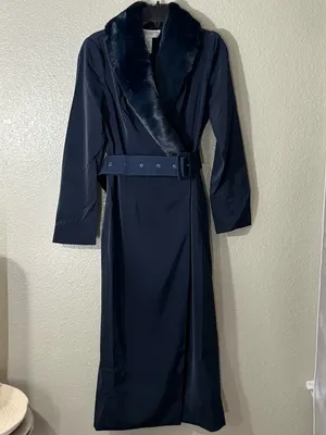 NEW Naked Wardrobe Navy Blue Faux Fur Collar Belted Long Coat Small Winter Lux thumbnail 5