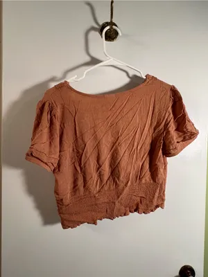 Self Love Women’s Size XL Cropped Faux Wrap Top Rust Brown Orange Lace Smocked thumbnail 5