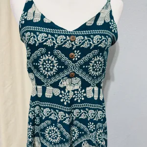 Boho Elephant Print Sundress Dress Size‎ S Teal Cream Smocked Back Mini Thailand thumbnail 2