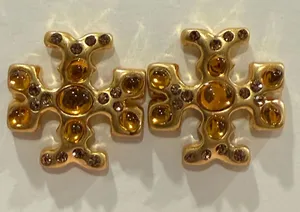 Tory Burch | Gold Plated Icon Logo and Rich Bronzy Enamel Stud Earrings | Sm/Med thumbnail 1