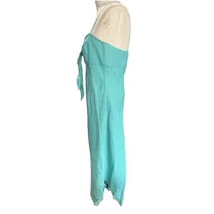 Le Muse Women's 100% Linen Bow Front Asymmetrical Midi Dress Teal Blue Sz 6 thumbnail 4