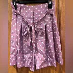 ZARA Lilac & White Polka‎ Dot High Waisted Flowy Satin Belted Paperbag Shorts XS thumbnail 14