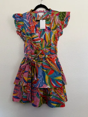 NWT Sugarlips Colorful Leaf Print Tiered Mini Dress Medium thumbnail 2