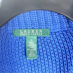 LAUREN RALPH LAUREN Blue Waffle Knit Long Sleeve V-Neck Sweater Small Cabincore thumbnail 3