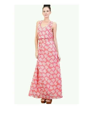 Tulle Coral-Pink Floral Sleeveless Maxi Dress with Waist Tie thumbnail 4