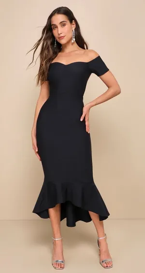 Lulus How Much I Care Black Off-the-Shoulder Midi Dress Prom Mermaid Party Small thumbnail 1