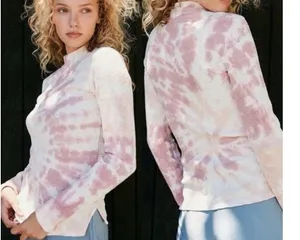 We The Free Free People Swirl Tie Dye Mock Neck Thermal Top L Pink Waffle Knit thumbnail 2