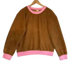 Anthropologie Maeve Cozy Ringer Fuzzy‎ Sweatshirt Honey Brown and Pink NWT thumbnail 1