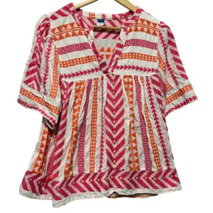 Old Navy Womens Babydoll Top L Pink Orange Aztec Geometric Boho Cottagecore‎ thumbnail 1