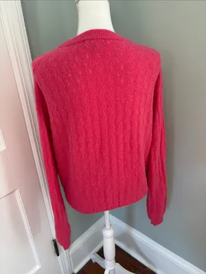 J.‎ Crew Fuzzy Bright Pink Cable Knit Button-Front Cardigan Size Medium Merino thumbnail 4