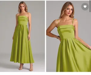 Azazie Dress Bridesmaid Lemongrass A-Line Pleated Stretch Satin Dress thumbnail 2