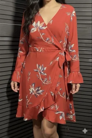 LE LIS Red Floral Print‎ Wrap Dress with Ruffle Hem Bell Sleeves Size M thumbnail 1