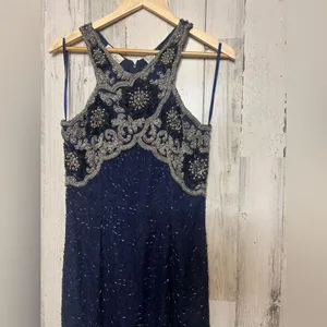 Navy Blue Beaded Embellished Maxi Dress Formal Evening Gown Size M thumbnail 2