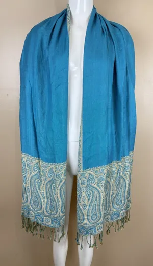 Pashmina Blue Paisley-Patterned Reversible Woven Wrap Fringed Shawl thumbnail 1