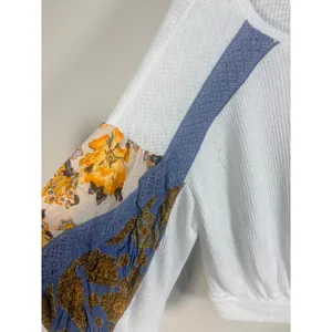 Free People Waffle knit Top XS White Excellent Mixed Media Floral Balloon Sleeve thumbnail 8