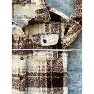 Crave Fame Chocolate Brown Cream Plaid Button Front Faux Sherpa Shacket Junior M thumbnail 3