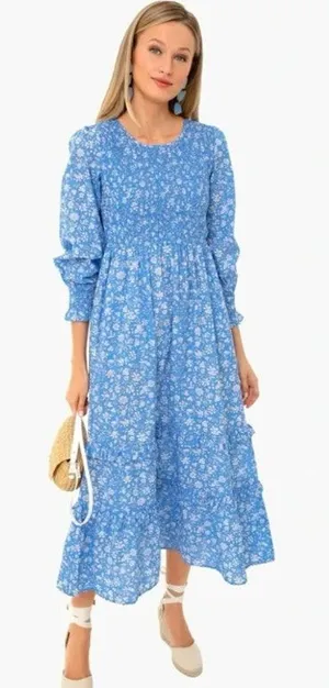 Pink City Prints Tuckernuck Blue Smocked Tiered Long Sleeve Dress Size XS thumbnail 1