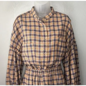 Peach Love Plaid Flannel Shirt Dress Size Small Renaissance Boho Poet Western thumbnail 2