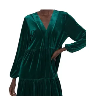 Zara Deep Emerald Velvet V-Neck Tiered Mini Dress EUC thumbnail 1