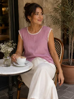 Pretty Dusty Rose top with crochet trim thumbnail 2