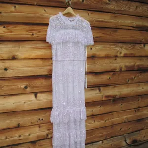 NWT Mac Duggal 9195 Illusion Mesh Overlay Ruffled Long Dress Lilac Size 14 thumbnail 7