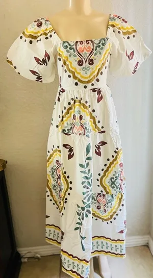 Meadow Rhodes Boutique Boho Maxi Dress 100% Cotton Puff Sleeve Smocked size M thumbnail 1