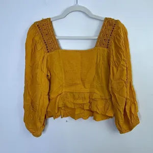NWT American Eagle Crochet Boho Cropped Ruffle Hem Mustard‎ Yellow Top Blouse thumbnail 9