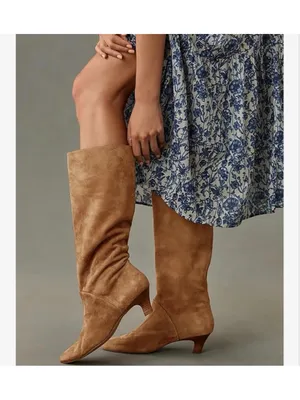 NEW Knee High Vegan Suede Boots Wide Calf Kitten Heel Pointed Toe 7 thumbnail 2