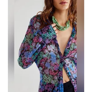 Free People Floral Ruched Side Button Down Shirt Purple Blue Small boho whimsi‎ thumbnail 2