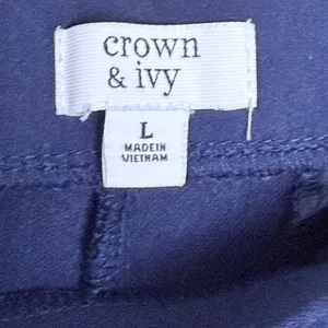 Crown & Ivy Pants Women Stretch Pull On Flare Workwear Trousers Size L Navy thumbnail 4